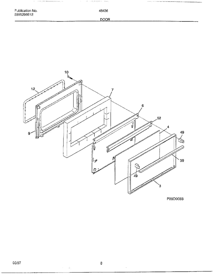 Door Diagram and Parts List for 484360D  Frigidaire Range