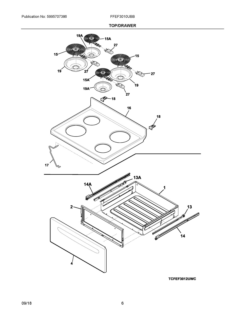 Top/drawer Diagram and Parts List for FFEF3010UBB  Frigidaire Range