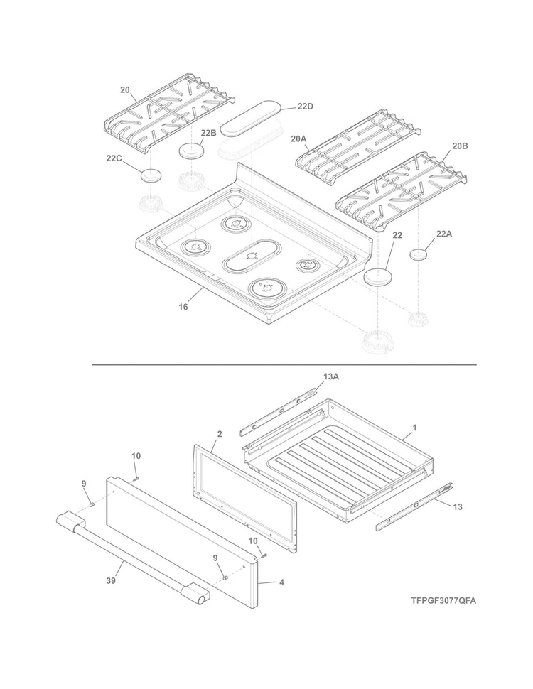Top/drawer Diagram and Parts List for FPGF3077QFA  Frigidaire Range