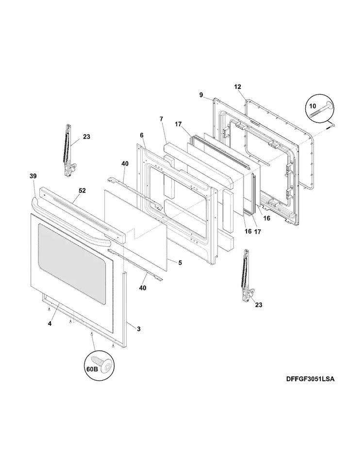 Door Diagram and Parts List for LFGF3053QFA  Frigidaire Range