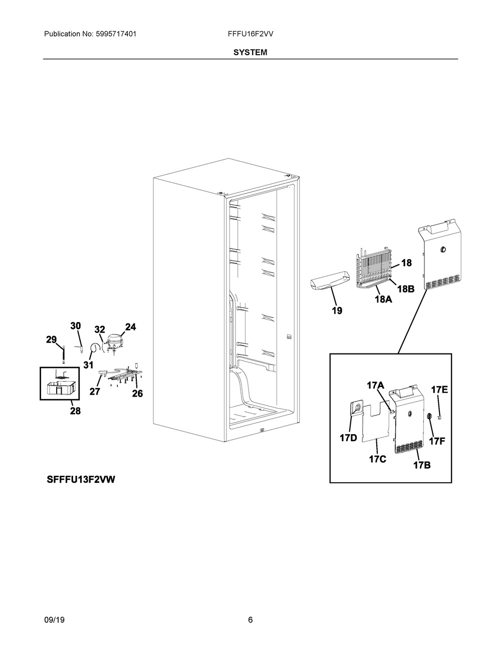 System Diagram and Parts List for FFFU16F2VV  Frigidaire Freezer