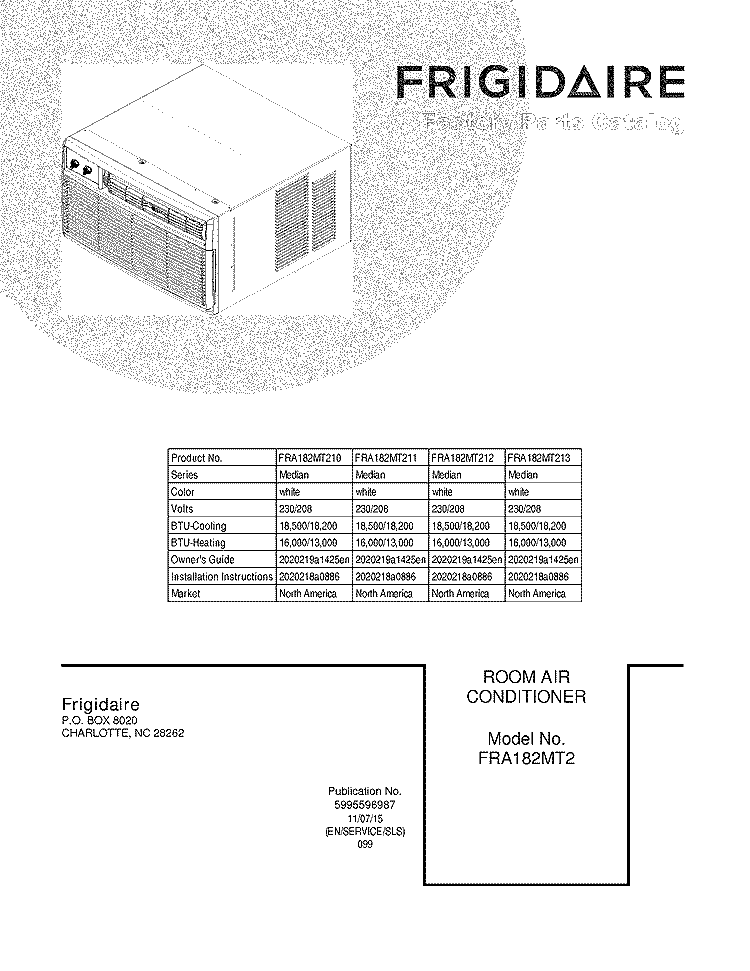 COVER Diagram and Parts List for FRA182MT210  Frigidaire Air Conditioner