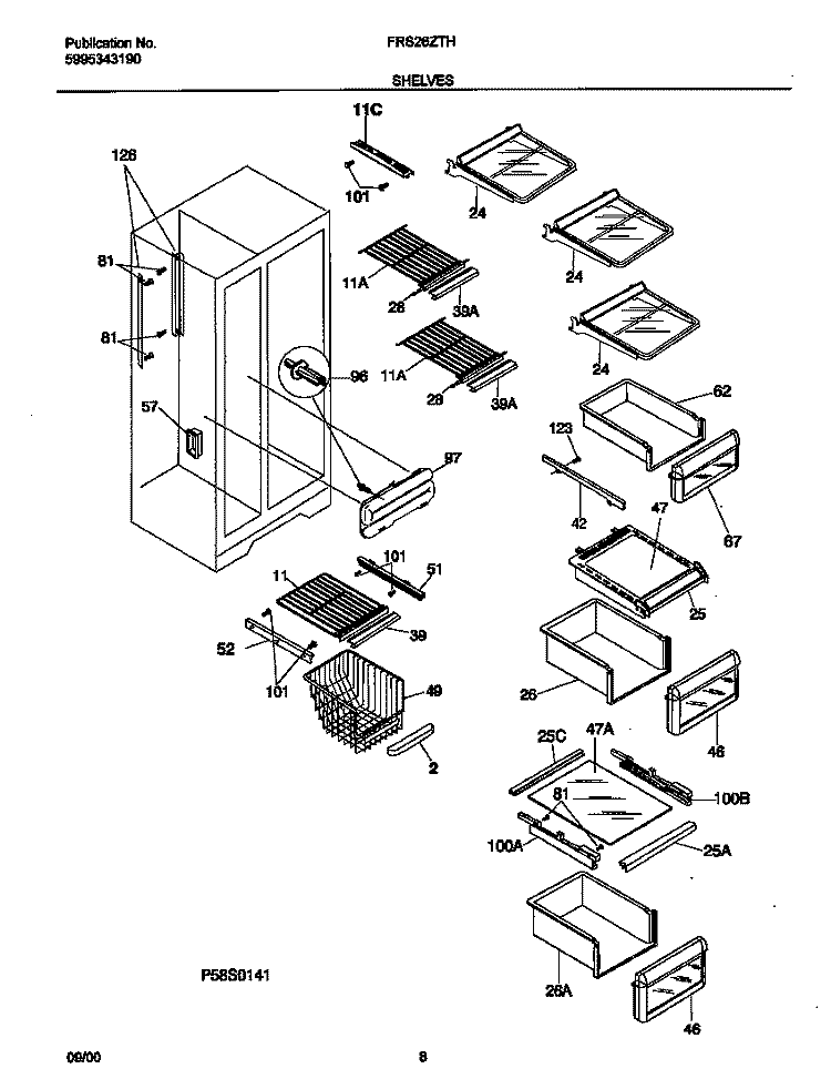 SHELVES Diagram and Parts List for FRS26ZTHW4  Frigidaire Refrigerator