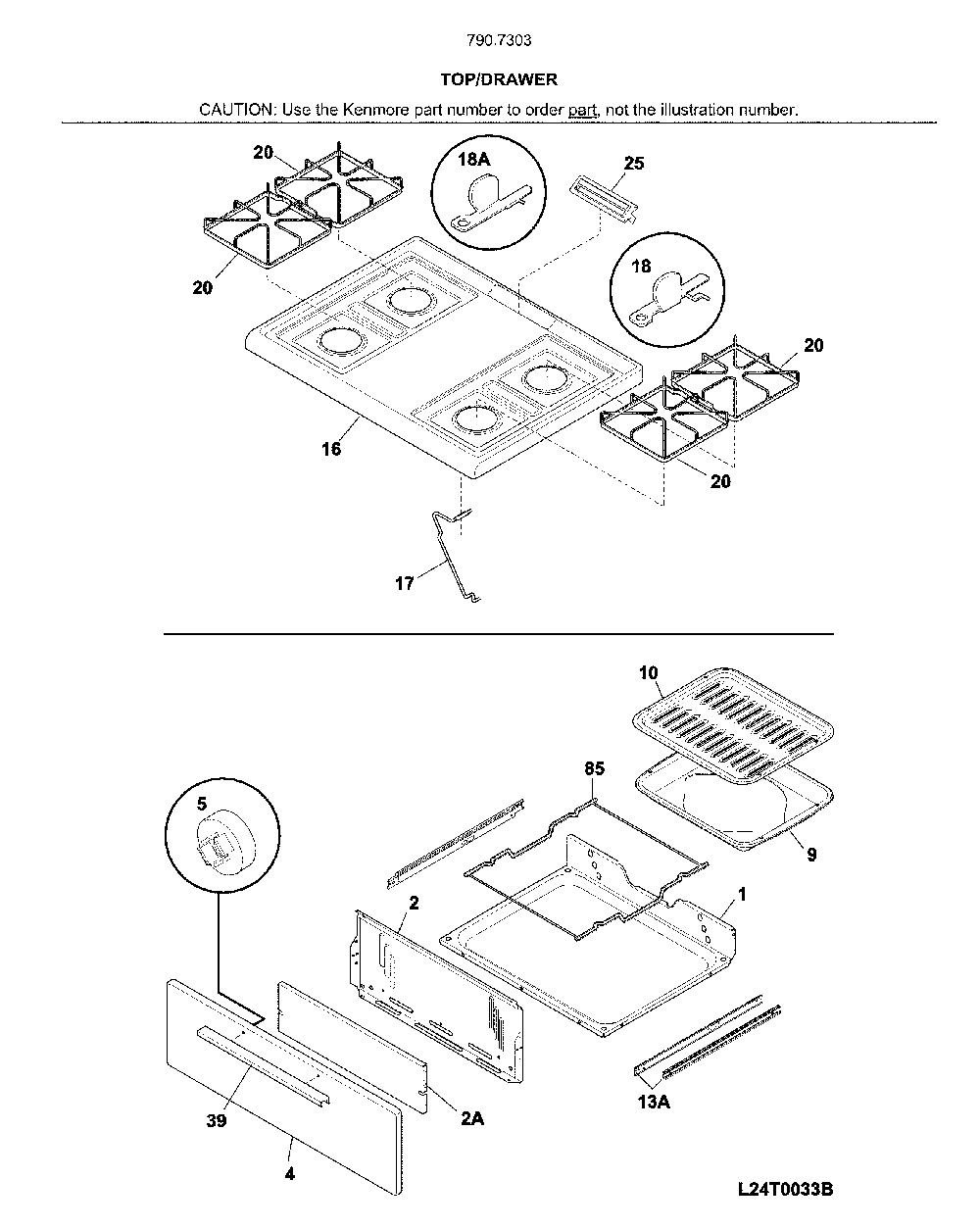 Top/drawer Diagram and Parts List for 79073039316  Kenmore Range