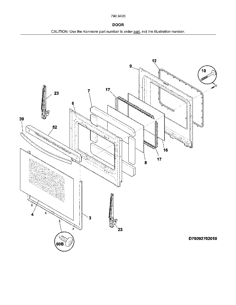 Door Diagram and Parts List for 79094209314  Kenmore Range
