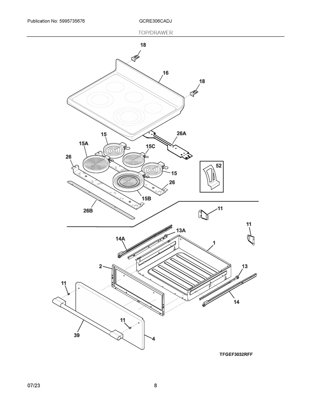 Top/Drawer Diagram and Parts List for GCRE306CADJ  Frigidaire Range