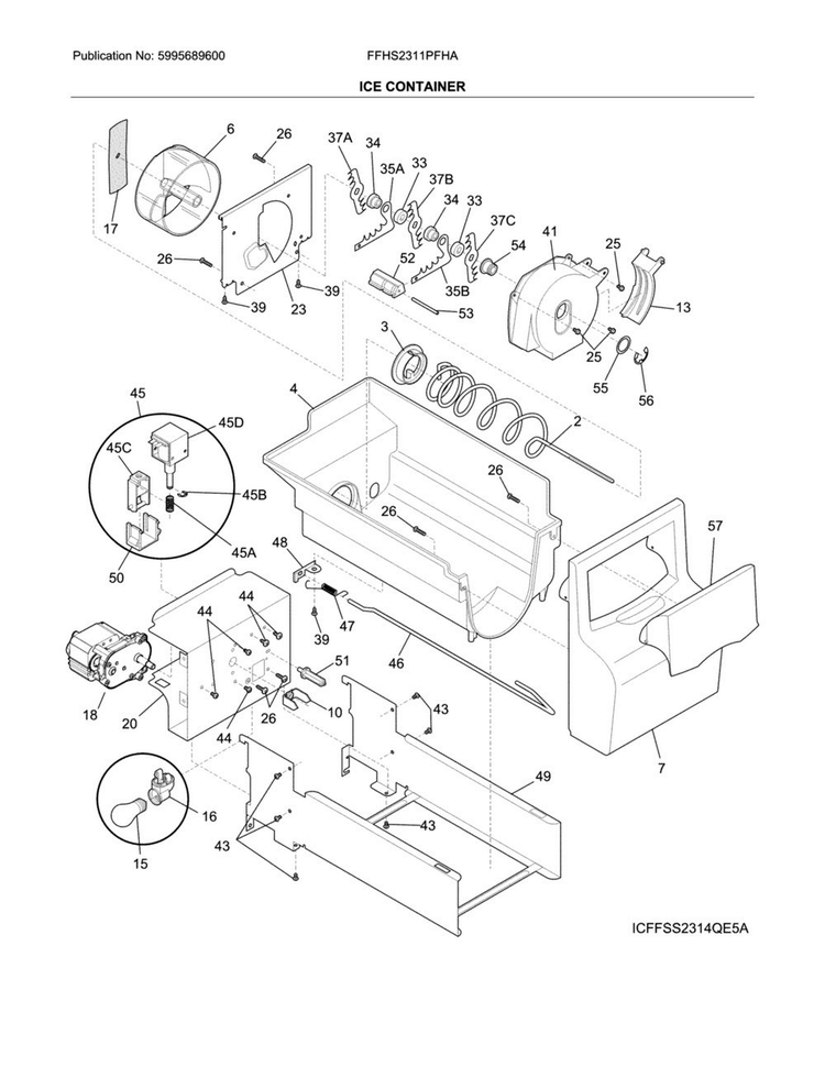 Ice Container Diagram and Parts List for FFHS2311PFHA  Frigidaire Refrigerator