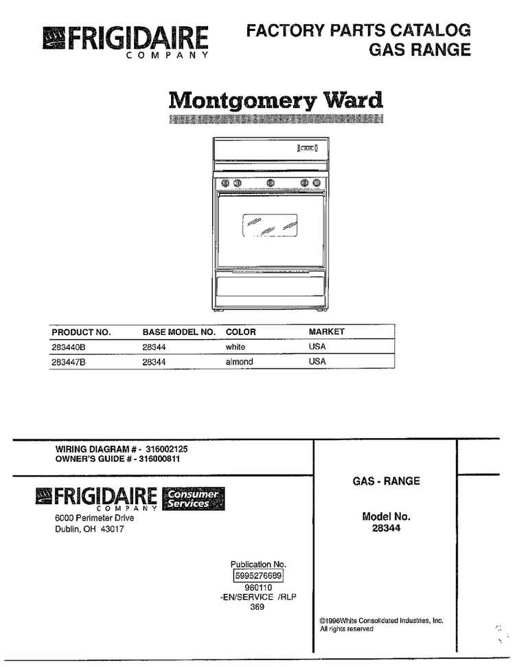 Gas Range/front Cover Diagram and Parts List for 283440B  Frigidaire Range