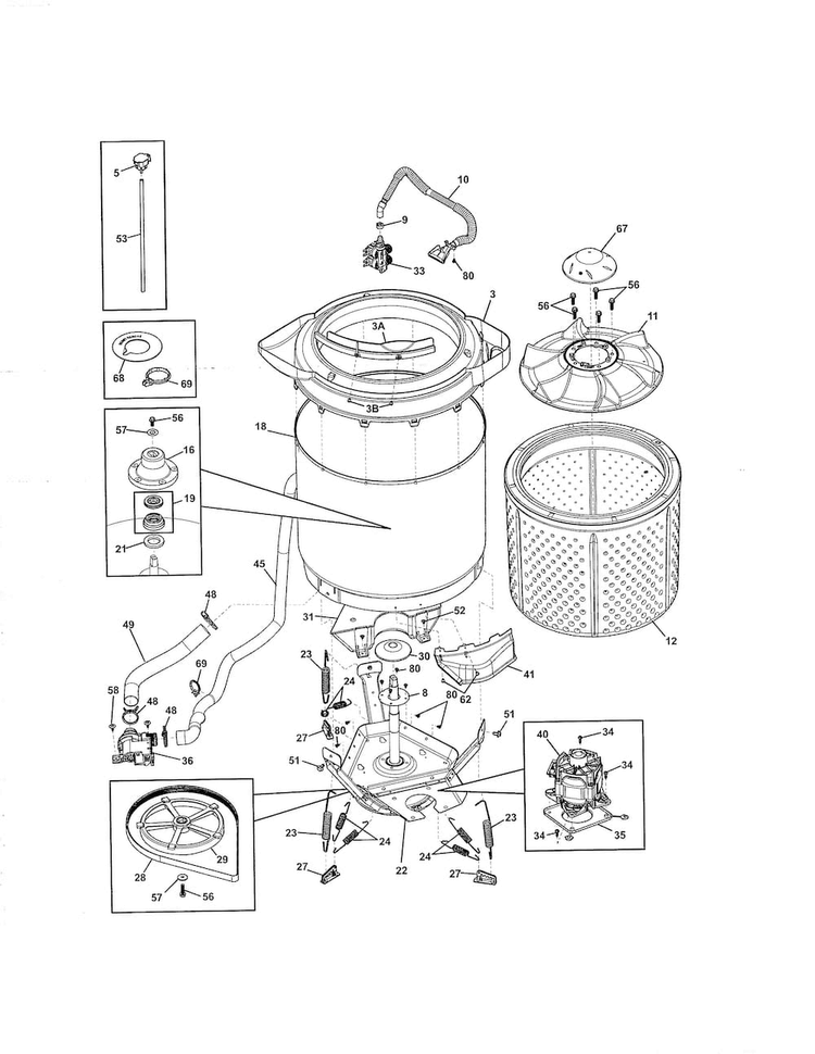 Motor/tub Diagram and Parts List for FFLE1011MW2  Frigidaire Washer Dryer Combo
