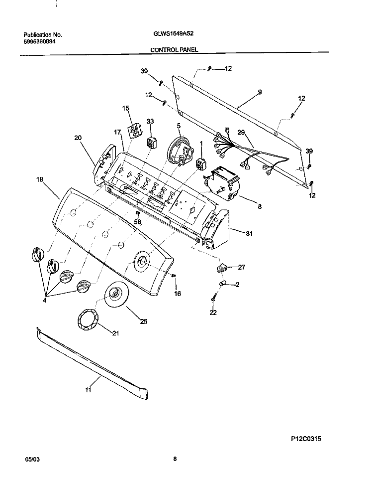 CONTROL PANEL Diagram and Parts List for GLWS1649AS2  Frigidaire Washer