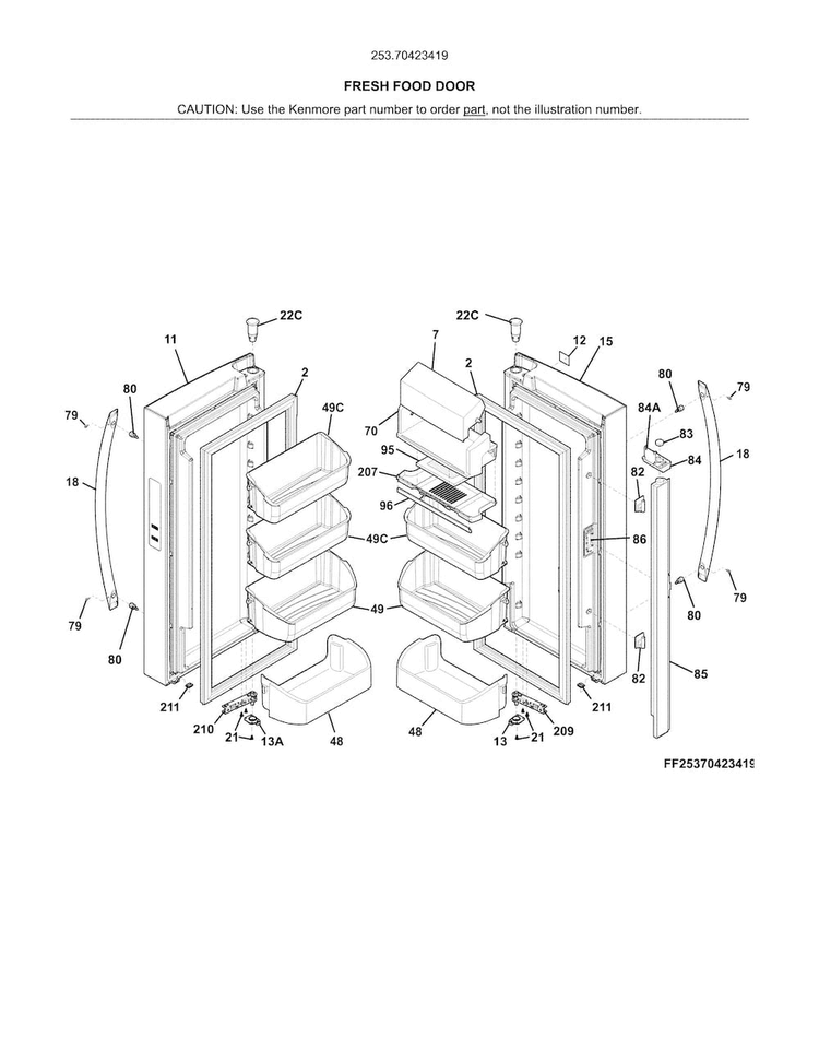 Fresh Food Doors Diagram and Parts List for 25370423419  Kenmore Refrigerator