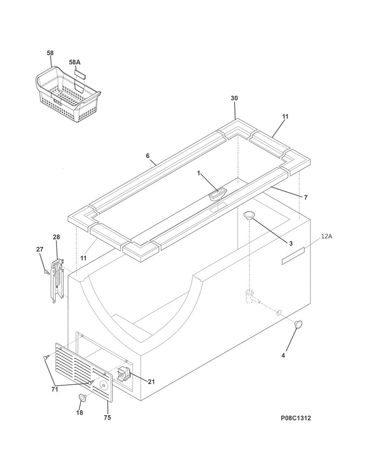 Cabinet Diagram and Parts List for FFFC16M5QWD  Frigidaire Freezer
