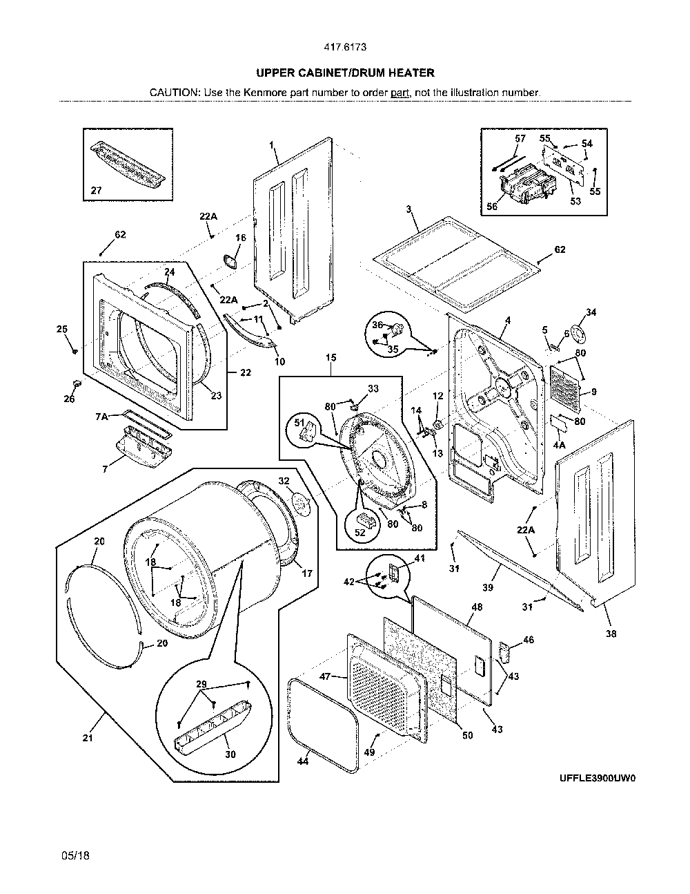 Upper cabinet/drum heater Diagram and Parts List for 41761732810  Kenmore Washer Dryer Combo