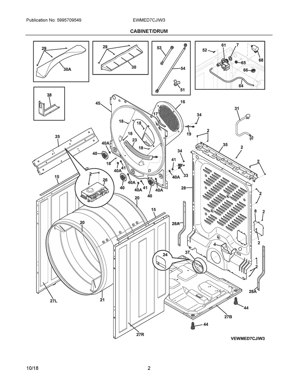 Cabinet/drum Diagram and Parts List for EWMED7CJIW3  Frigidaire Dryer