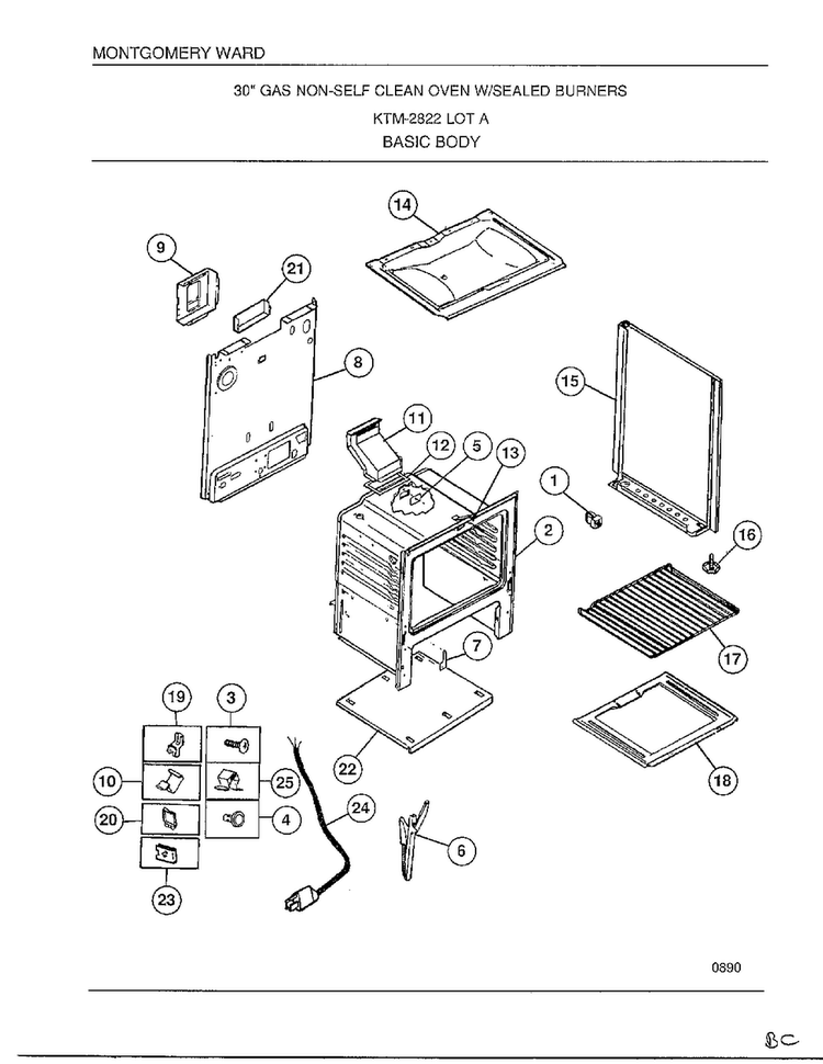 Basic Body Diagram and Parts List for 2822A  Frigidaire Range