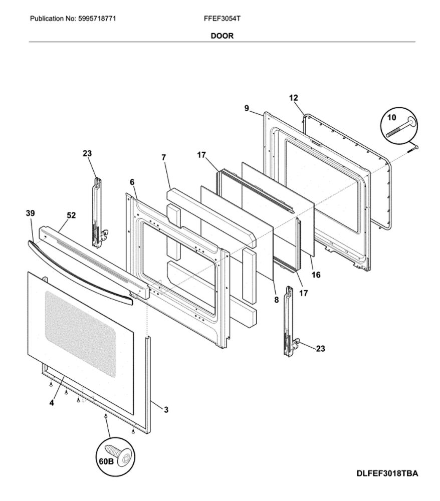 Door Diagram and Parts List for FFEF3054TWJ  Frigidaire Range