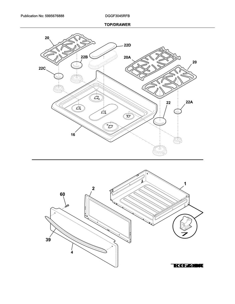 Top/drawer Diagram and Parts List for DGGF3045RFB  Frigidaire Range