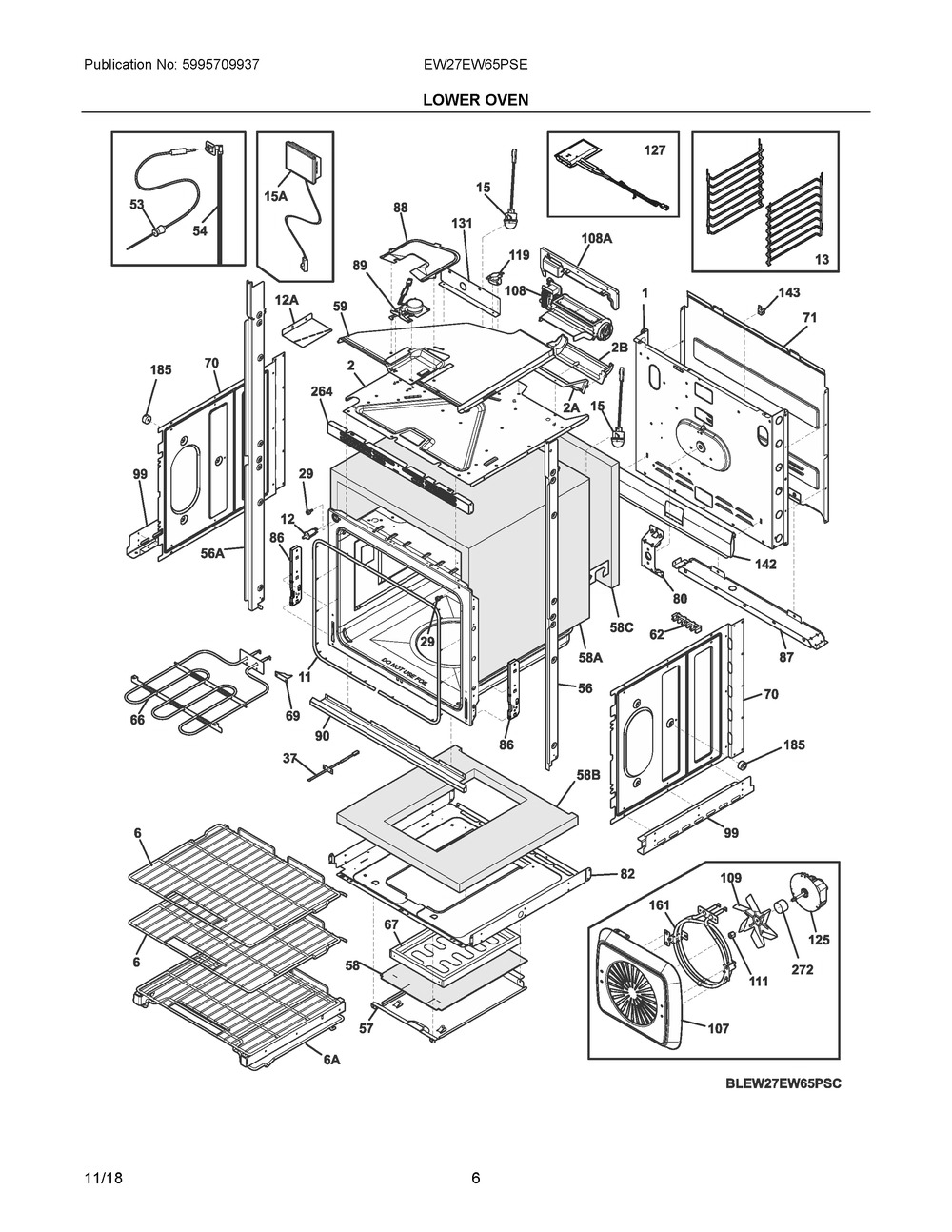 Lower Oven Diagram and Parts List for EW27EW65PSE  Frigidaire Wall Oven