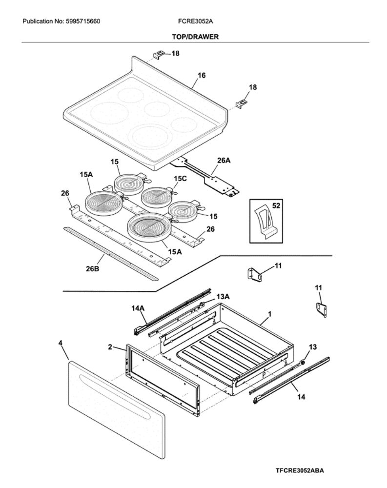 Top/Drawer Diagram and Parts List for FCRE3052AWA  Frigidaire Range