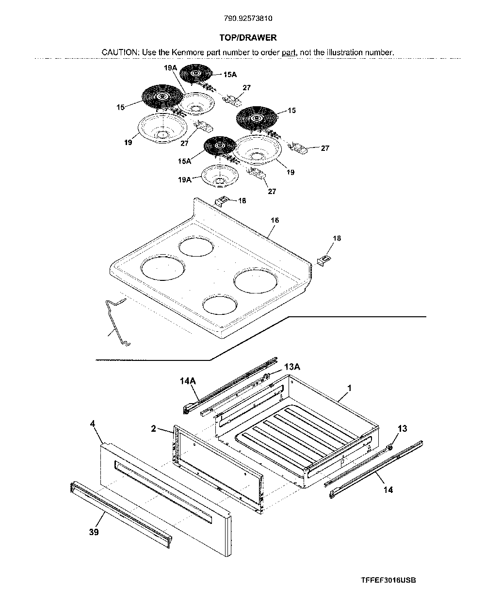 Top/drawer Diagram and Parts List for 79092573810  Kenmore Range