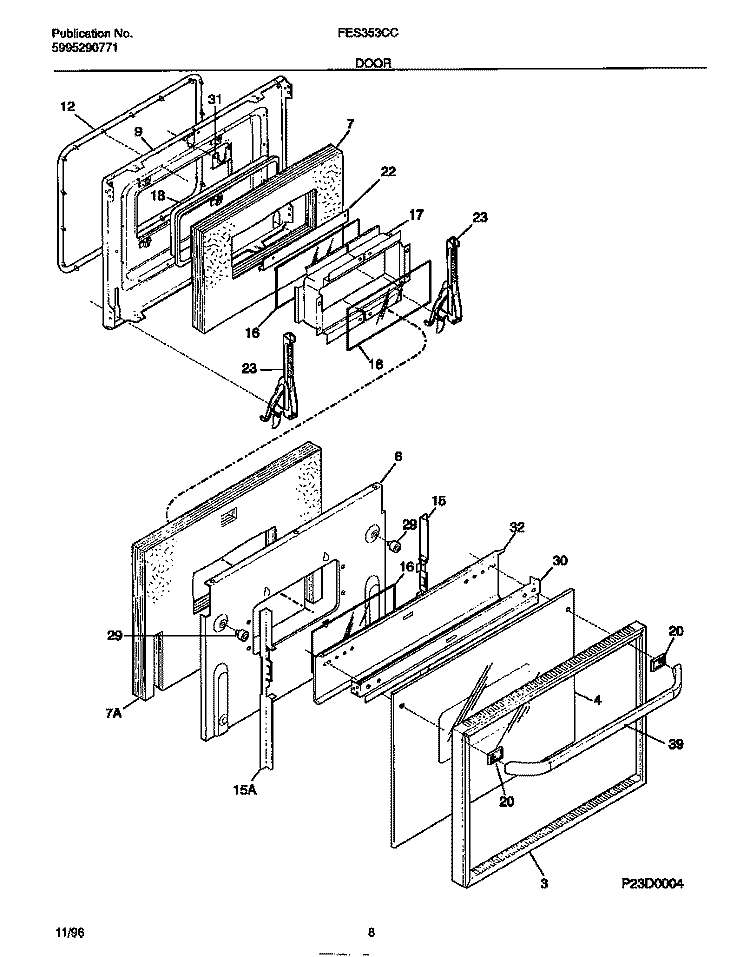 DOOR Diagram and Parts List for FES353CCDG  Frigidaire Range