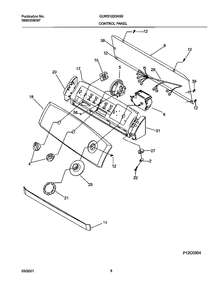 CONTROL PANEL Diagram and Parts List for GLWS1233AS0  Frigidaire Washer