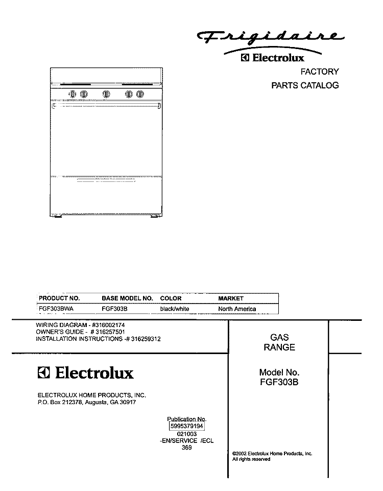 COVER Diagram and Parts List for FGF303BWA  Frigidaire Range