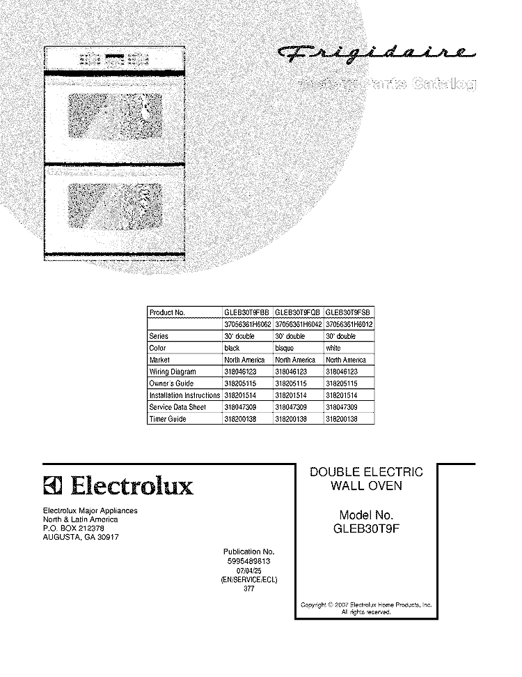 COVER Diagram and Parts List for GLEB30T9FQB  Frigidaire Wall Oven