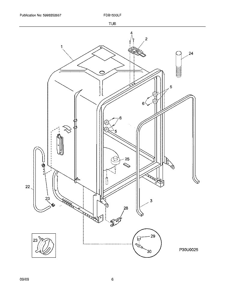 TUB Diagram and Parts List for FDB1500LFQ4  Frigidaire Dishwasher