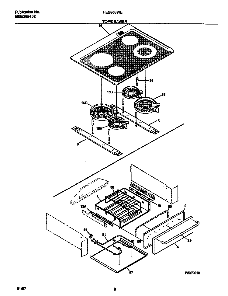 TOP / DRAWER Diagram and Parts List for FES388WECA  Frigidaire Wall Oven