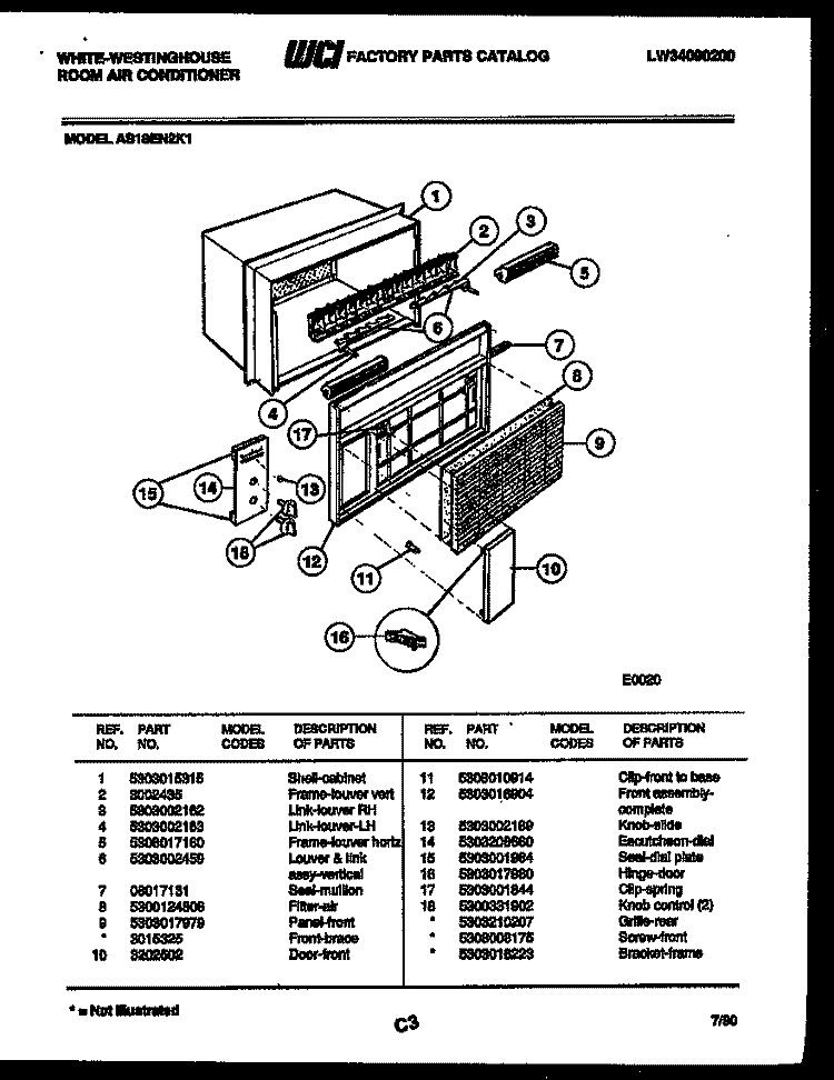 CABINET PARTS Diagram and Parts List for AS18EN2K1  Frigidaire Air Conditioner