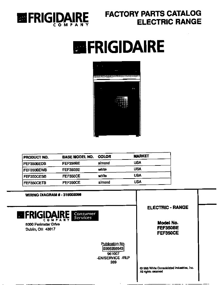 COVER Diagram and Parts List for FEF350CETB  Frigidaire Range