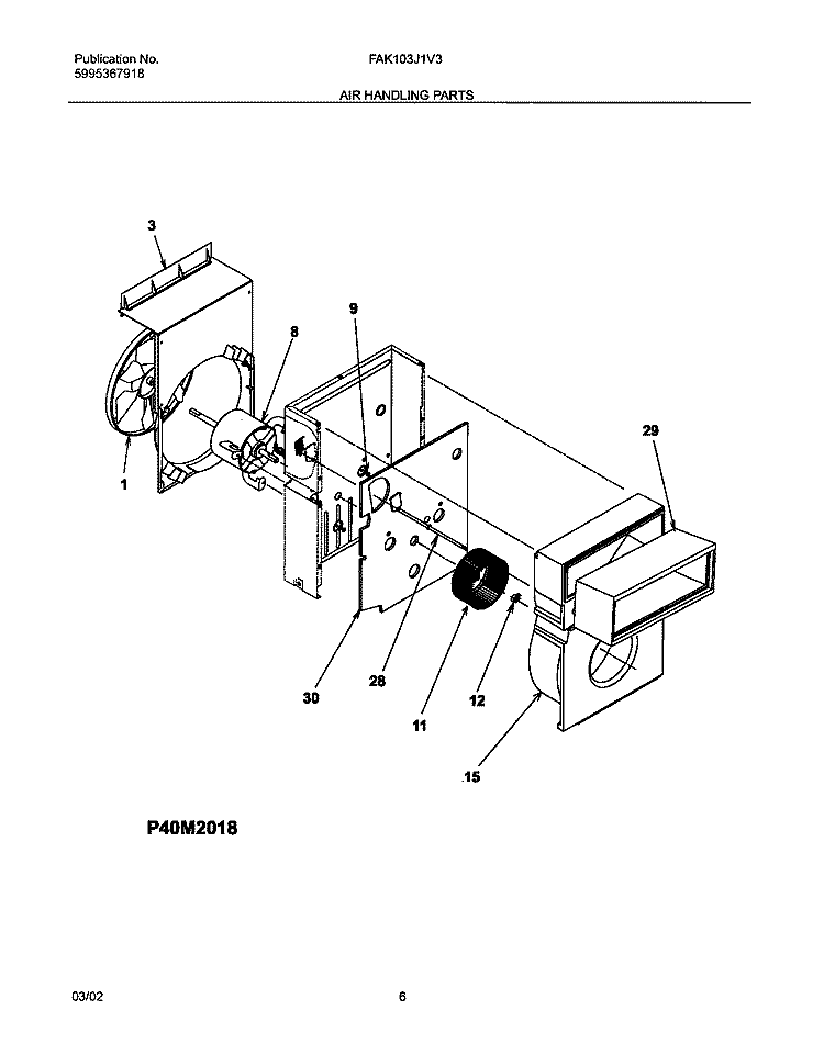 AIR HANDLING PARTS Diagram and Parts List for FAK103J1V3  Frigidaire Air Conditioner