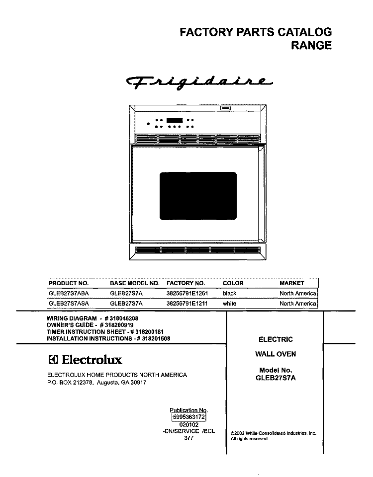 COVER Diagram and Parts List for GLEB27S7ABA  Frigidaire Wall Oven