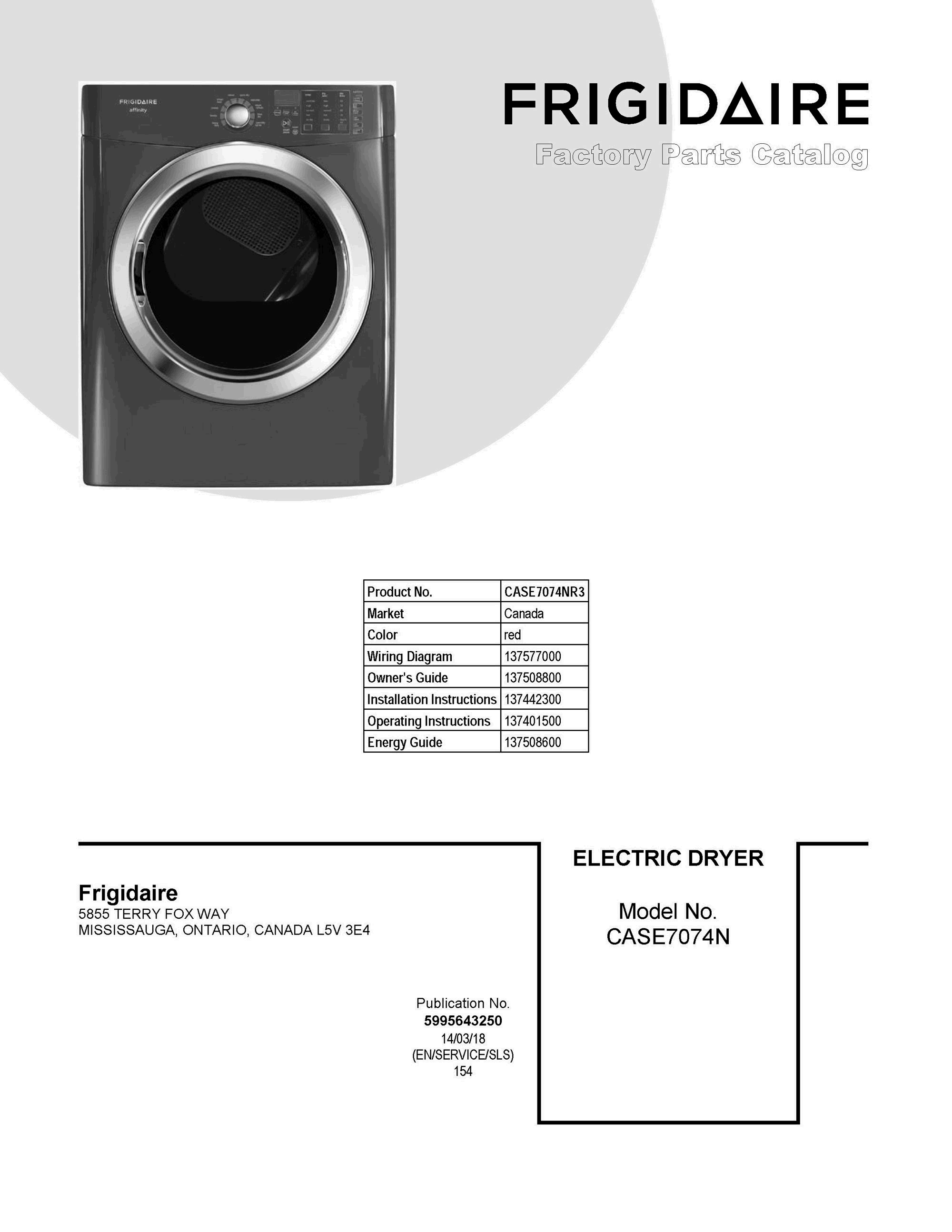 01 - COVER SHEET Diagram and Parts List for CASE7074NR3  Frigidaire Dryer