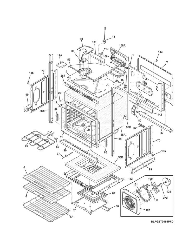 Lower Oven Diagram and Parts List for FGET3065PWD  Frigidaire Wall Oven