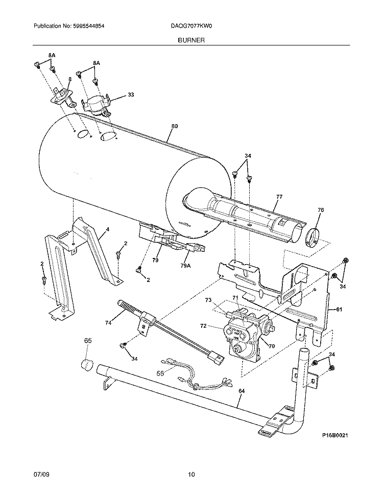 BURNER Diagram and Parts List for DAQG7077KW0  Frigidaire Dryer