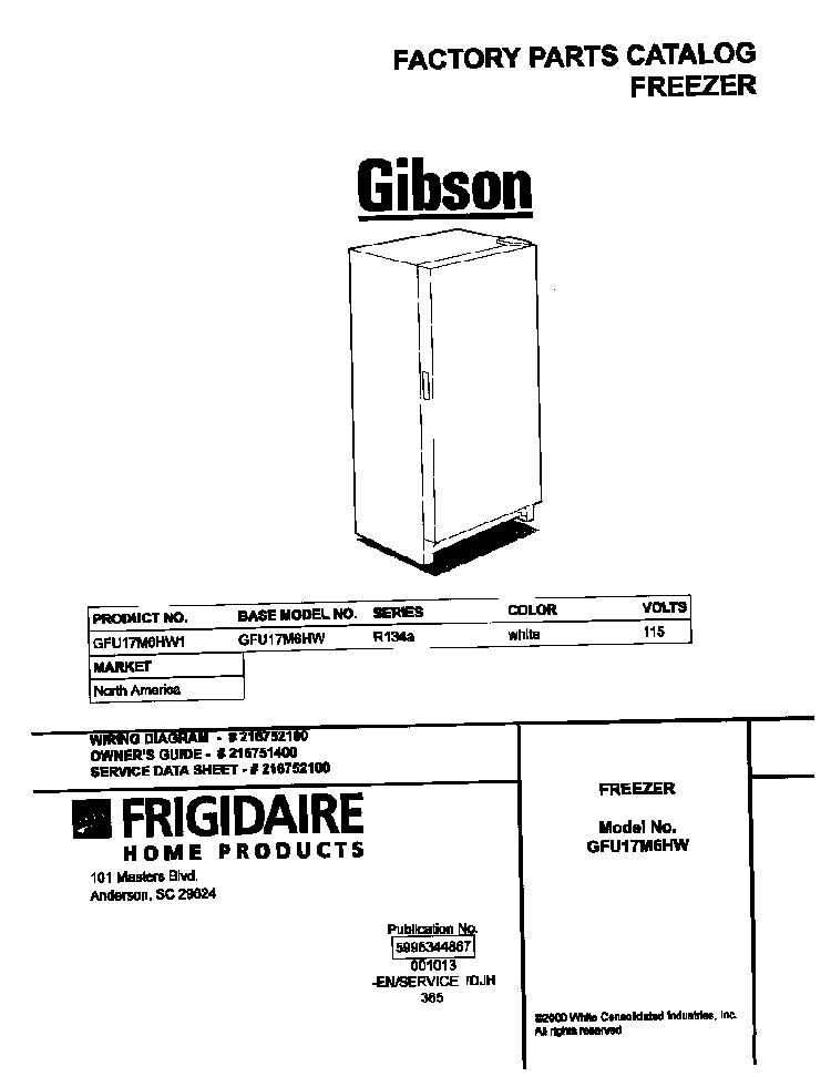 Cover Diagram and Parts List for GFU17M6HW1  Gibson Freezer