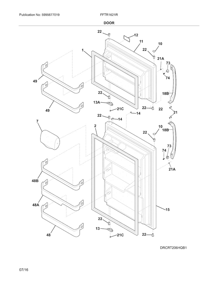 Doors Diagram and Parts List for FFTR1621RS1  Frigidaire Refrigerator