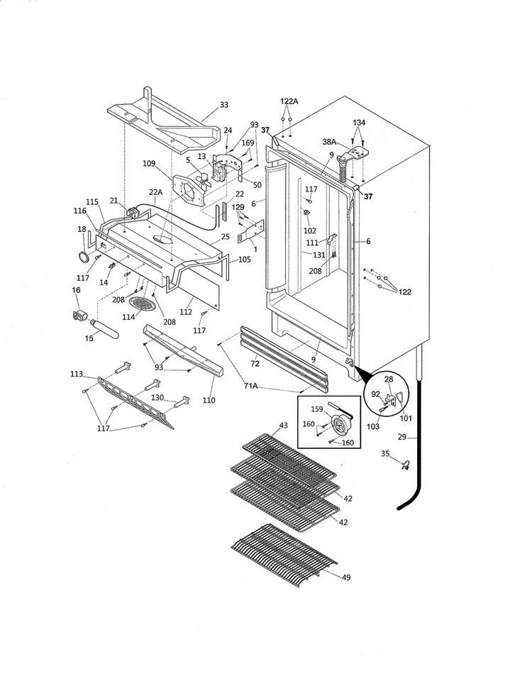 Cabinet Diagram and Parts List for KCBM180RQYA  Kelvinator Freezer