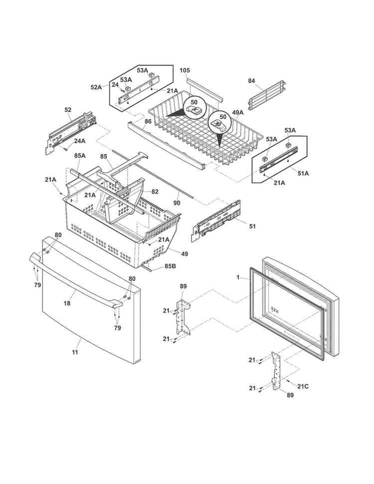 Freezer Drawer, Baskets Diagram and Parts List for EI23BC35KB6  Electrolux Refrigerator