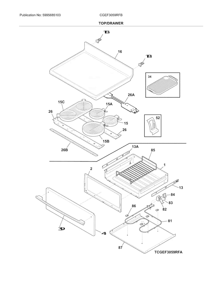Top/drawer Diagram and Parts List for CGEF3059RFB  Frigidaire Range