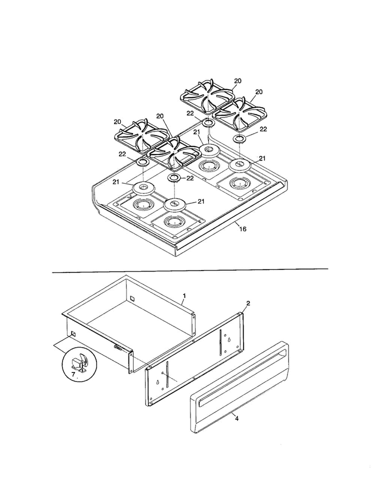 Top/drawer Diagram and Parts List for FGF354BGWD  Frigidaire Range