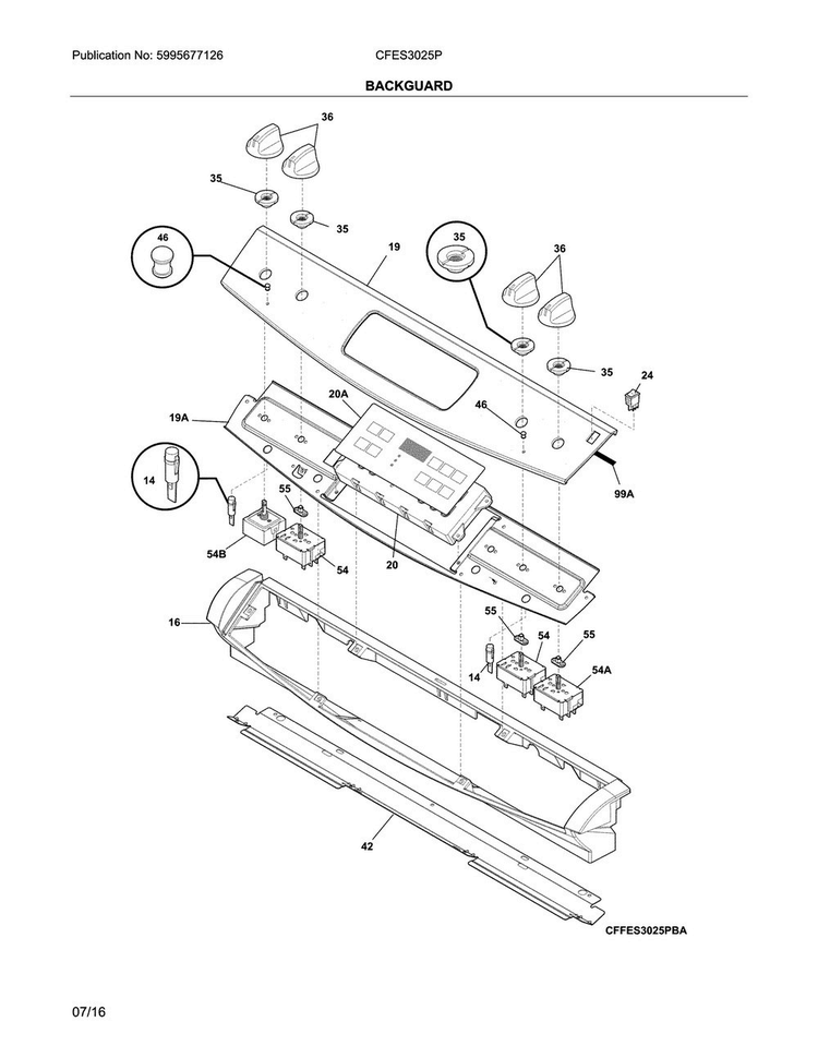 Backguard Diagram and Parts List for CFES3025PBG  Frigidaire Range