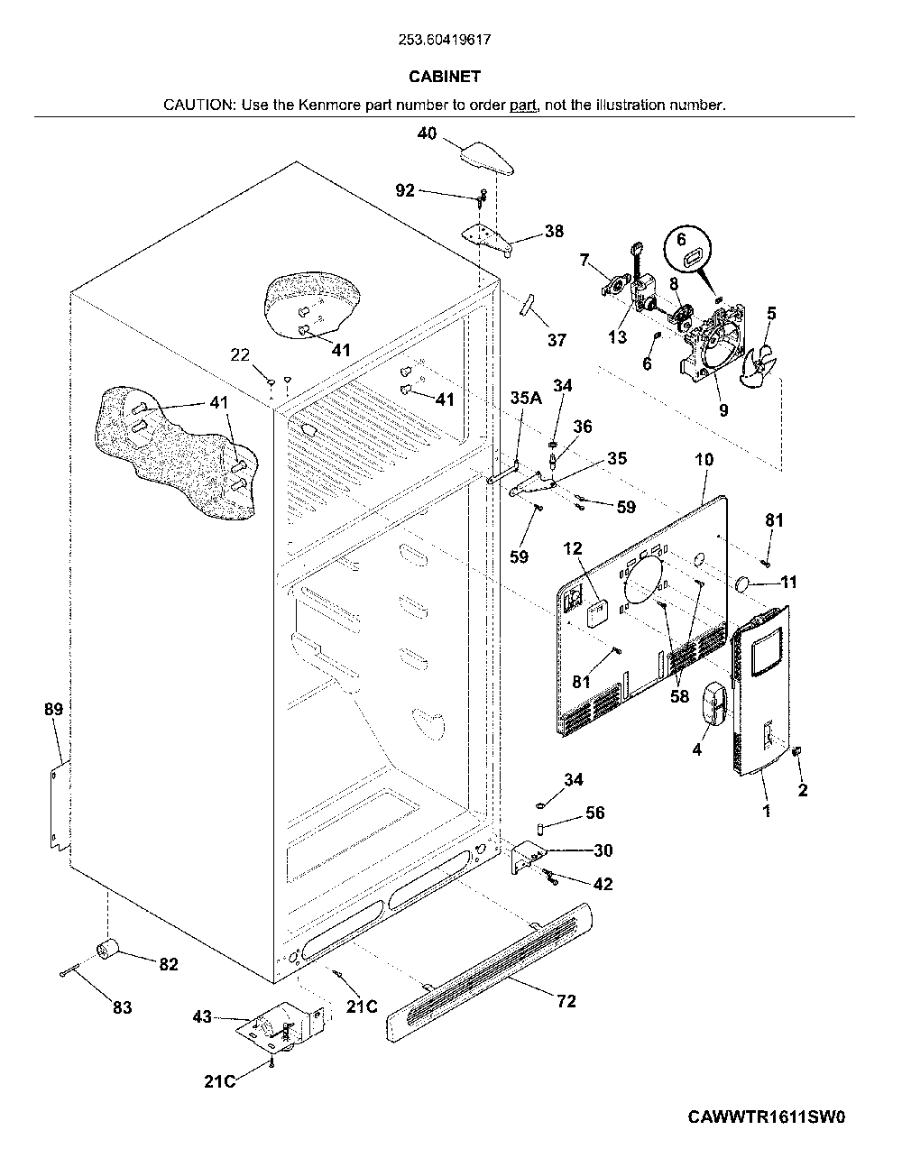 Cabinet Diagram and Parts List for 25360419617  Kenmore Refrigerator