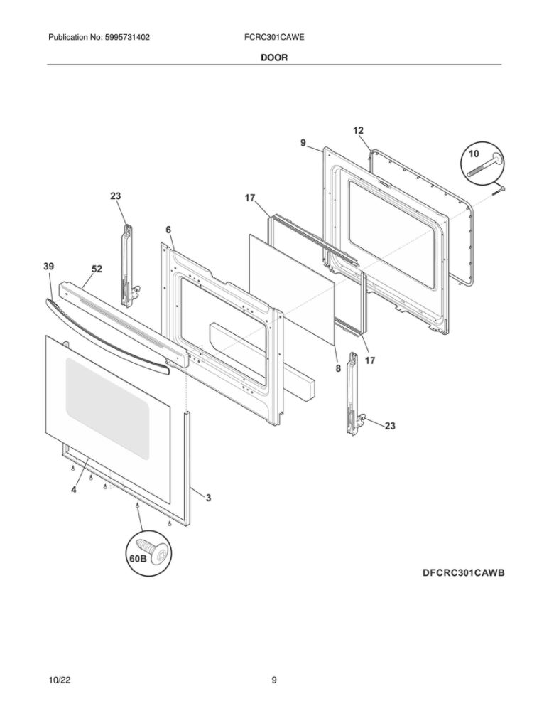 Door Diagram and Parts List for FCRC301CAWE  Frigidaire Range
