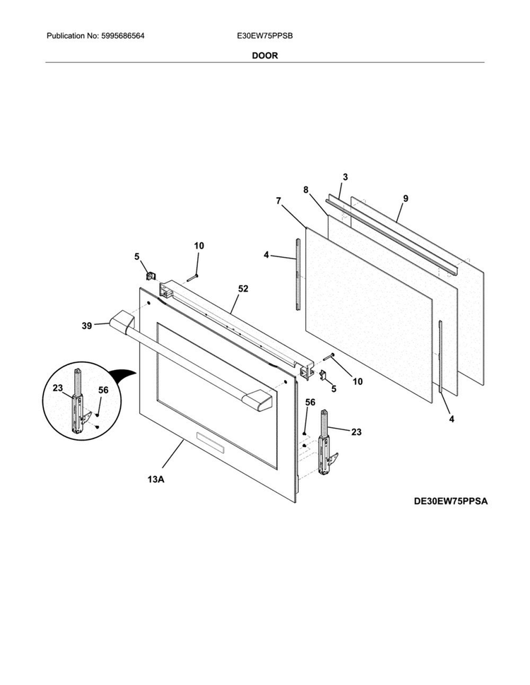 Door Diagram and Parts List for E30EW75PPSB  Electrolux Wall Oven
