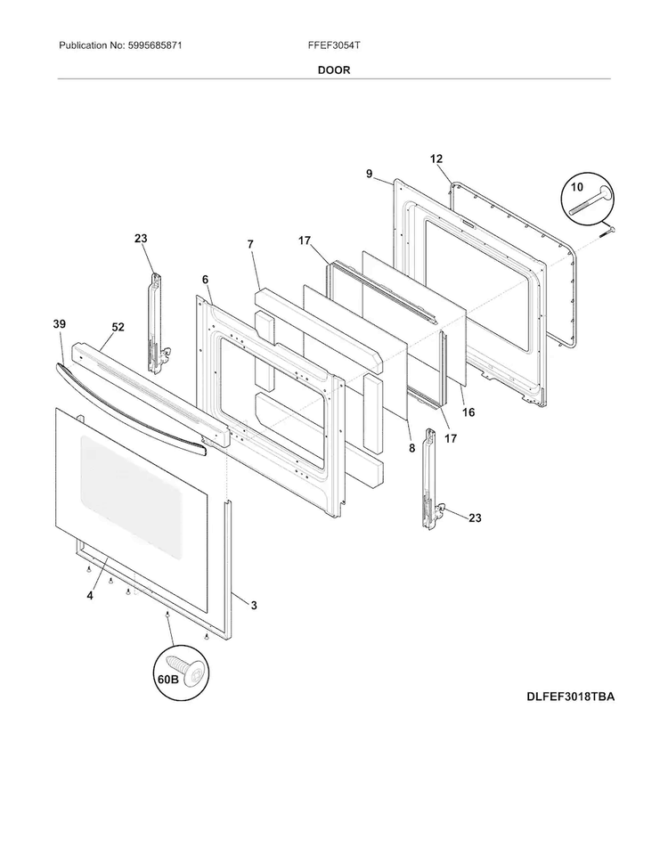 Door Diagram and Parts List for FFEF3054TWA  Frigidaire Range