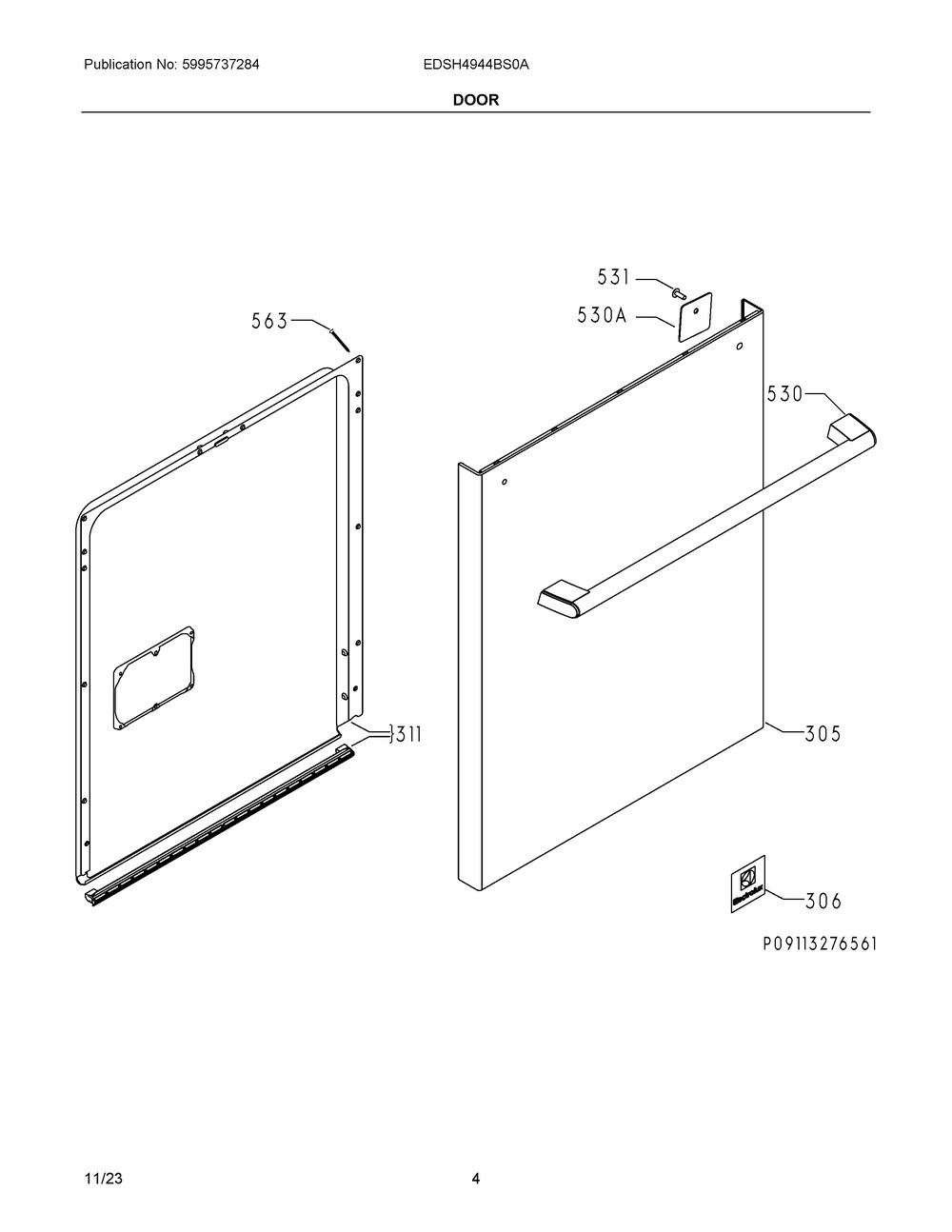 Door Diagram and Parts List for EDSH4944BS0A  Frigidaire Dishwasher