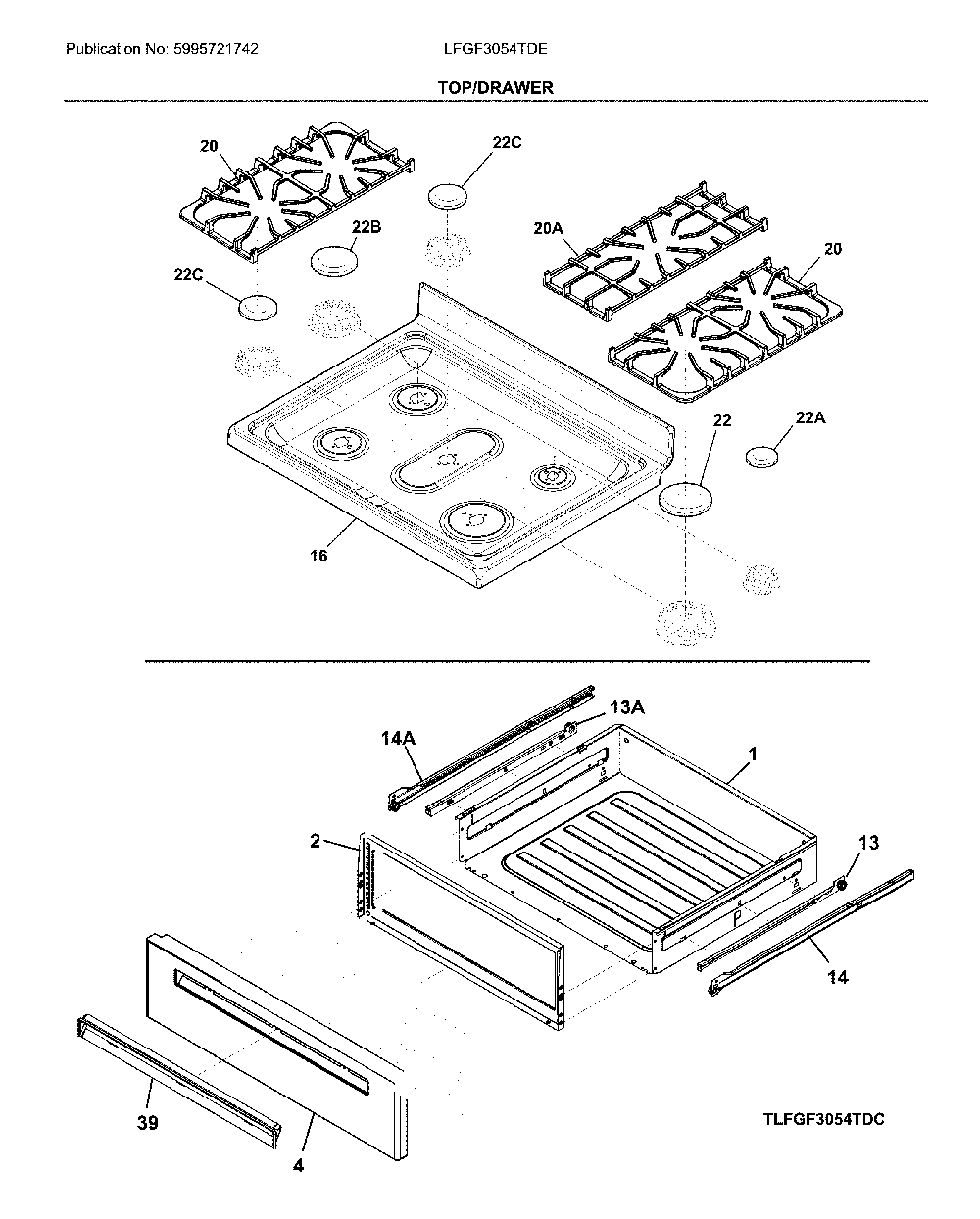 Top/drawer Diagram and Parts List for LFGF3054TDE  Frigidaire Range